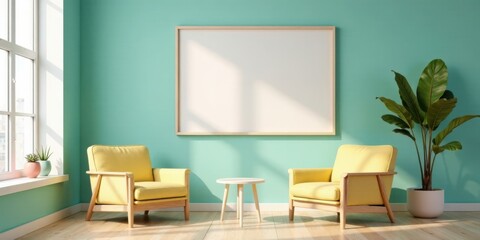 Serene Living Room with Two Yellow Armchairs and a Blank Canvas for Artistic Expression