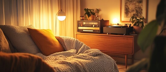 A cozy mid-century living room corner with vintage audio equipment and warm lighting