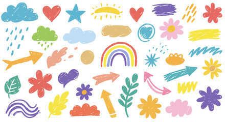 Colorful Hand-Drawn Crayon Doodle Vector Set – Whimsical and Playful Design Elements