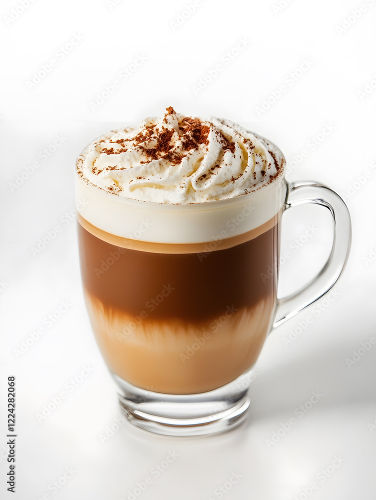 Poster elegant glass mug of mocha with layered whipped cream on white background : generative ai