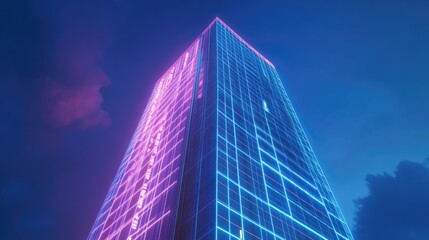 Fototapeta premium Neon-Lit Skyscraper with Futuristic Glowing Lights at Dusk