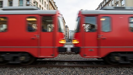Two red trains passing each other on a city street