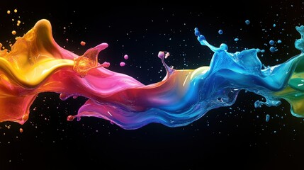 Colorful paint splattering across a 3D space, creating a lively and energetic abstract liquid art scene.