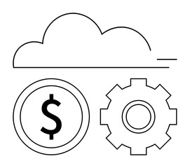 Cloud above dollar symbol and gear conveying financial technology, cloud service, business automation. Ideal for innovation, economy, tech, startups, data management, IT services abstract line flat