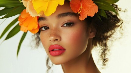 A Colombian model with radiant skin, bold neon lipstick, and tropical flowers styled into her hair, white backdrop, studio lighting.