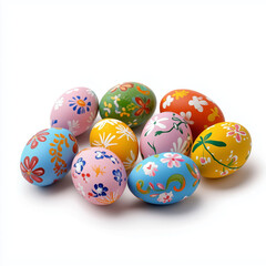 A set of beautifully decorated Easter eggs with floral and abstract patterns in pastel and vibrant colors. Perfect for holiday themes, festive decorations, and seasonal celebrations.