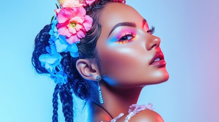 A young Colombian woman posing gracefully with glowing neon makeup and flowers braided into her hair. Studio shot on a white background