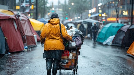 A homeless woman pushes a cart filled with belongings through a rain-soaked street lined with makeshift tents and shelters, highlighting urban poverty and the struggles of homelessness