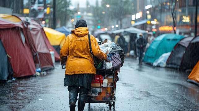 A homeless woman pushes a cart filled with belongings through a rain-soaked street lined with makeshift tents and shelters, highlighting urban poverty and the struggles of homelessness