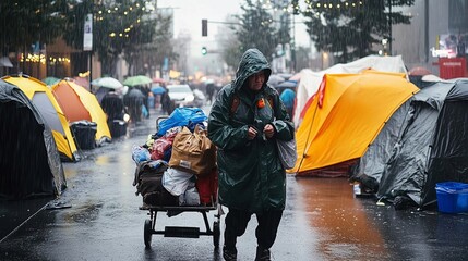 A homeless woman pushes a cart filled with belongings through a rain-soaked street lined with makeshift tents and shelters, highlighting urban poverty and the struggles of homelessness