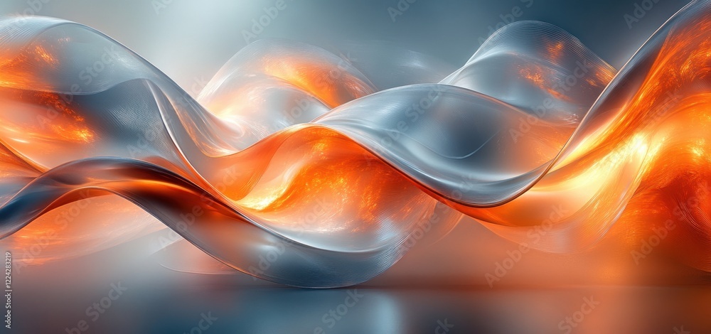 Poster Dynamic Abstract Composition of Fluid Metallic Ribbons with Dramatic Backlighting in Modern Digital Art Style