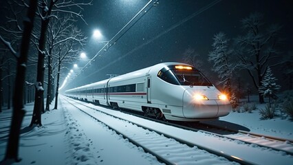 Naklejka premium A sleek, white high-speed train traveling through a snowy landscape at night, with snow-covered trees and a dark sky