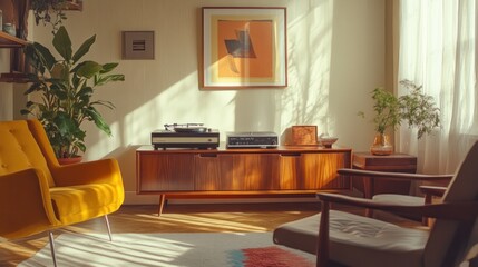 A sunlit mid-century modern living room with warm lighting and retro furnishings
