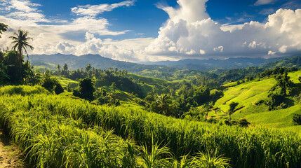Panoramic View of Lush Tropical Rice Fields Under a Dramatic Cloudy Sky : Generative AI