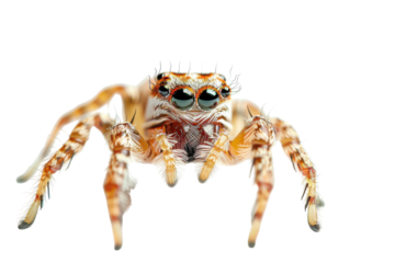 Close-up view of a vibrant spider displaying intricate patterns and detailed eyes on a white background in a studio setting isolated on transparent background