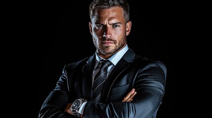 Obraz premium Confident businessman, arms crossed, dark background, corporate portrait, professional headshot