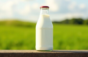 Milk bottle on the background of cows, farms, milk mockup, dairy farm, for advertising 