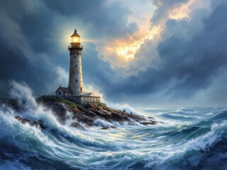 Dramatic lighthouse scene amidst stormy seas and cloudy sky at sunset