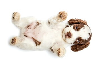 Cute, happy Cocker Spaniel puppy playing on a white background, top view. The dog is lying upside down and holding its paws with its teeth. Shot from above, a close-up portrait photograph