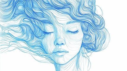 Serene woman portrait with flowing, blue, line art hair.