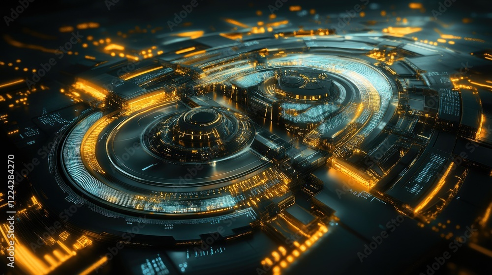 Poster abstract futuristic digital circuit design with glowing elements