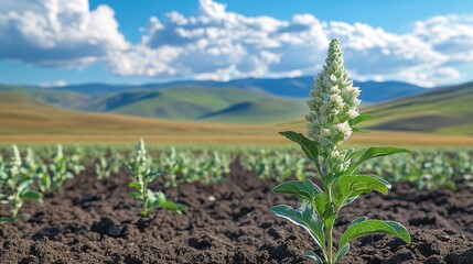 White flower plant in a field with mountains and blue sky with white clouds in background