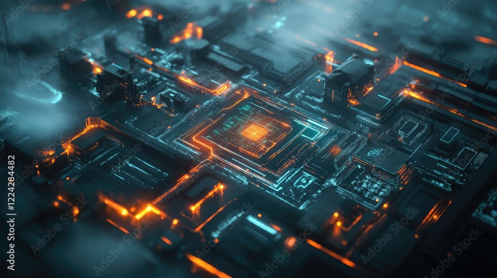 Poster abstract digital circuit board with glowing lines and patterns