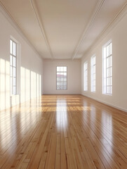 Fototapeta premium Spacious Sunlit Empty Room with Polished Hardwood Floors and Tall Windows : Generative AI