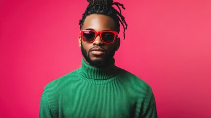 Obraz premium Portrait of a serious young man with dreadlocks styled in a half-up bun, dressed in a green sweater and bold red sunglasses, standing against a bright pink background, showcasing confidence and flair.