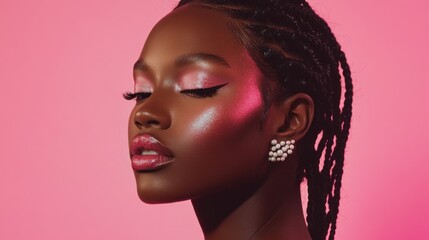 Portrait of a stylish female model with braided locs adorned with small pearls, her face glowing with shimmering blush and highlighter, standing against a soft pink background.