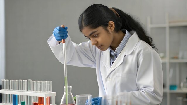 An Indian  student in a white lab coat conducting an experiment in a science lab. She is focused on her work, surrounded by test tubes, beakers, and scientific equipment, with a determined expressions