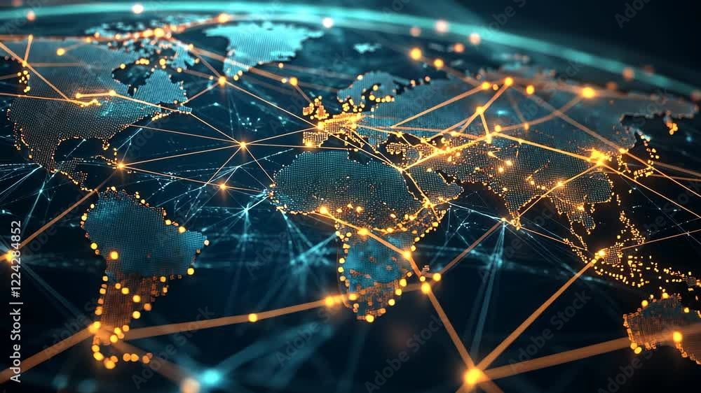 Aufkleber global network connections illuminated world map with interconnected data lines