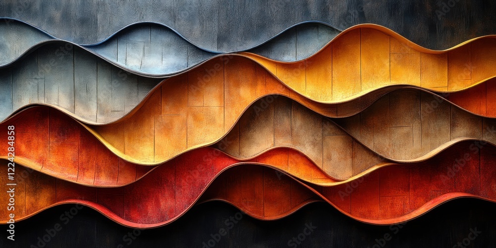 Poster Dynamic Wavy Pattern Rug in Multicolored Linen Fabric with Earthy Tones and Soft Lighting