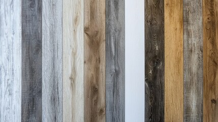 Diverse wooden planks in vertical arrangement showcasing various textures and colors
