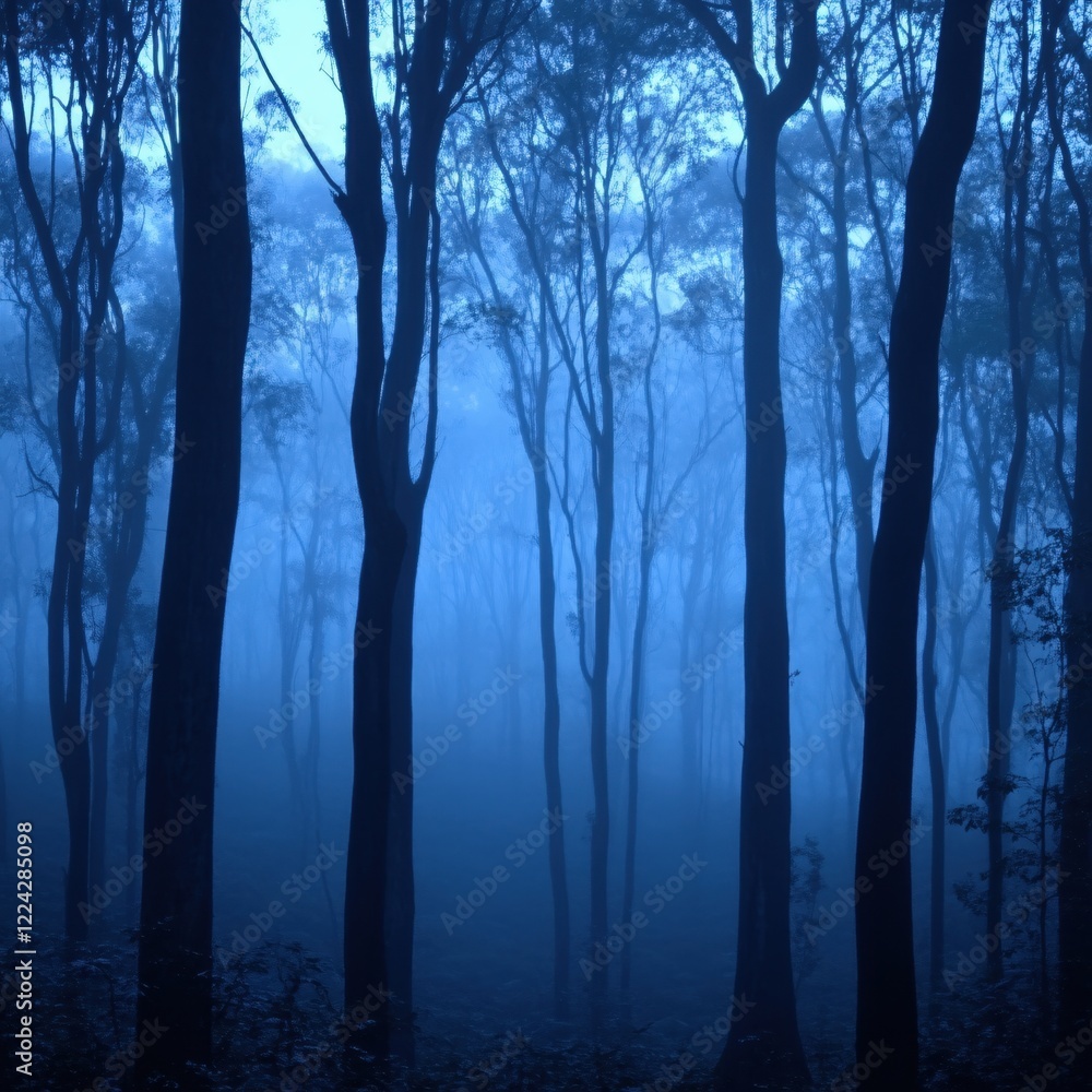 Aufkleber mysterious blue forest with fog and tall trees creating a moody and atmospheric scene