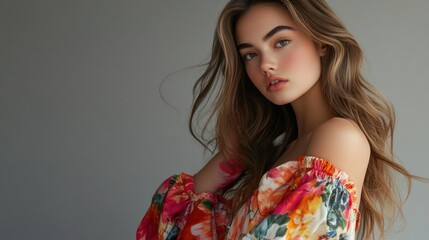 Portrait of a young woman wearing a vibrant floral dress with exaggerated sleeves, her hair styled in soft waves, standing against a neutral gray studio backdrop
