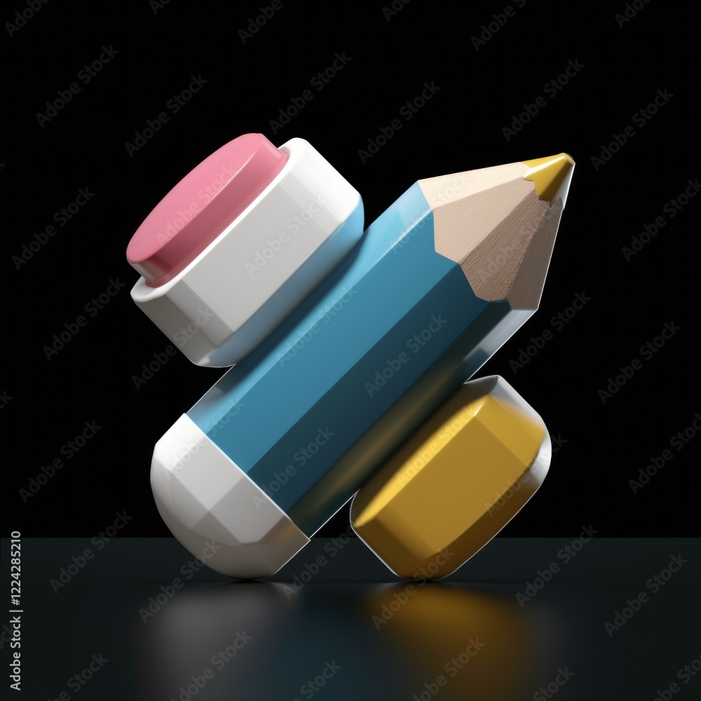 Poster a 3d rendering of a pencil with a pink eraser and a yellow tip