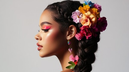 Side profile of a Colombian girl with radiant makeup, flower embellishments in her braid, studio-shot against white