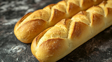 Naklejka premium Freshly Baked French Bread Loaves on Rustic Background