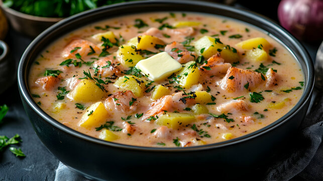 Creamy Salmon Chowder with Potatoes and Fresh Herbs in Bowl