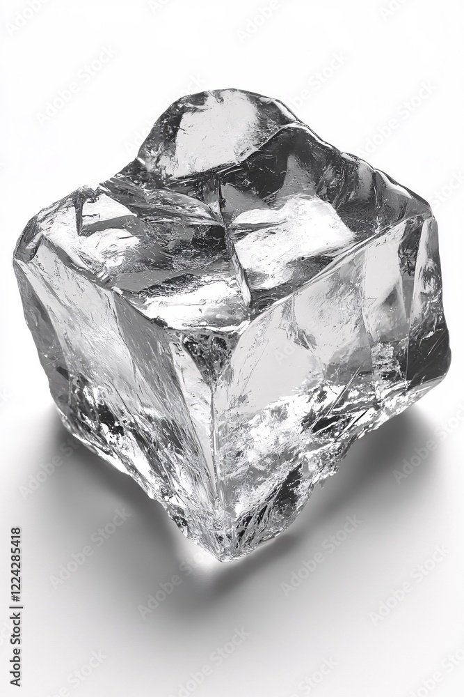 Poster large clear ice cube on white surface with sharp edges and internal fractures under studio light