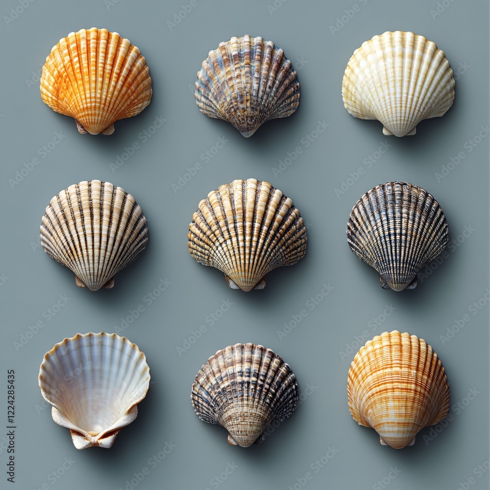 Poster nine seashells arranged in a grid pattern on a gray background with varying colors and textures