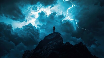 Stormy Night, Lone Figure, Mountain Peak
