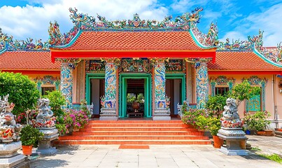 Naklejka premium Colorful Chinese temple entrance with ornate details, statues, and flowers under a blue sky
