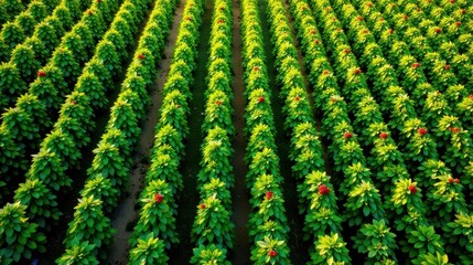 Vibrant Green Foliage Rows with Scattered Scarlet Blooms in a Lush Agricultural Field
