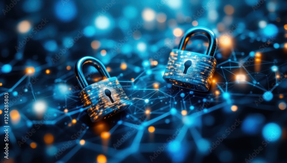 Poster abstract locks on digital network background representing data security and protection