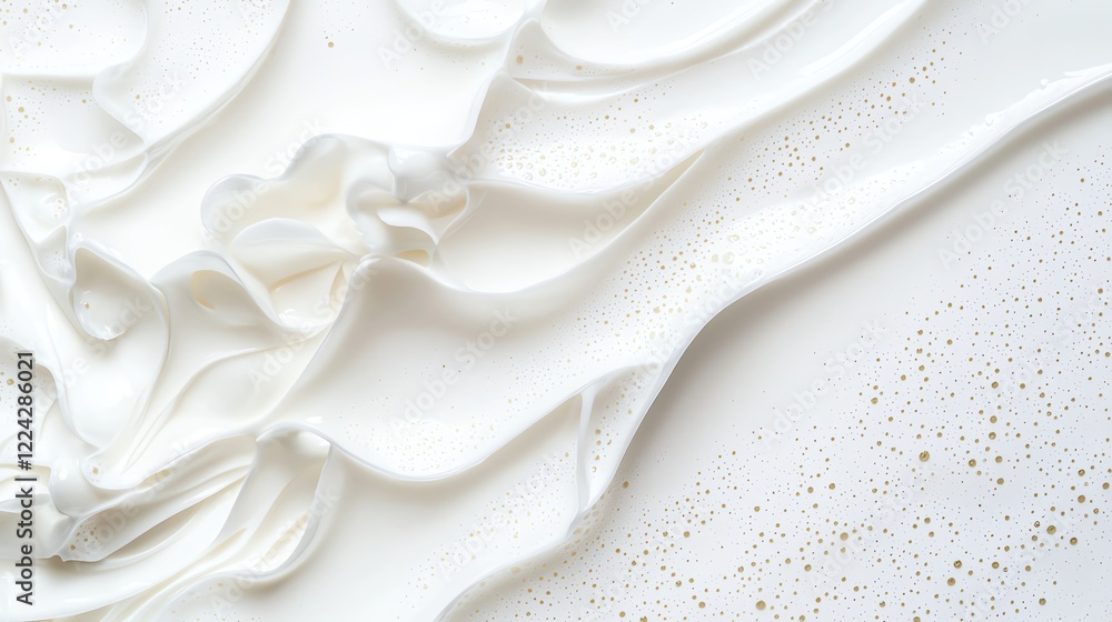 Poster close-up of smooth, textured white cream with delicate bubbles, creating an elegant abstract pattern