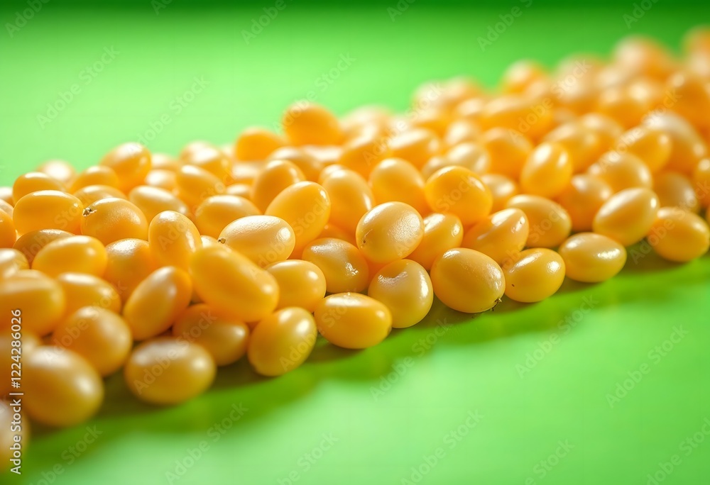 Poster close-up of a line of shiny yellow jellybeans on a bright green background. the vibrant colors and g