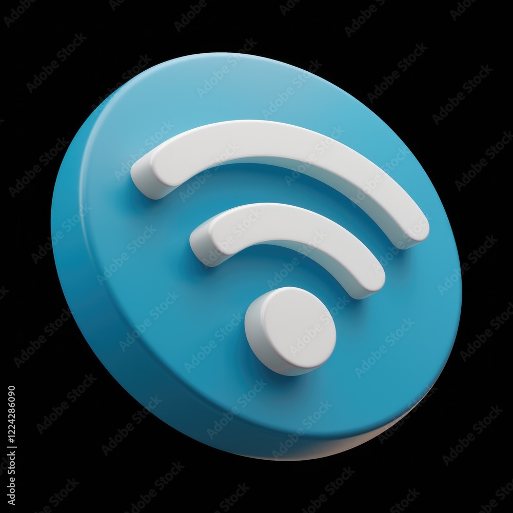 Poster a 3d rendering of a white wifi symbol on a blue circle.