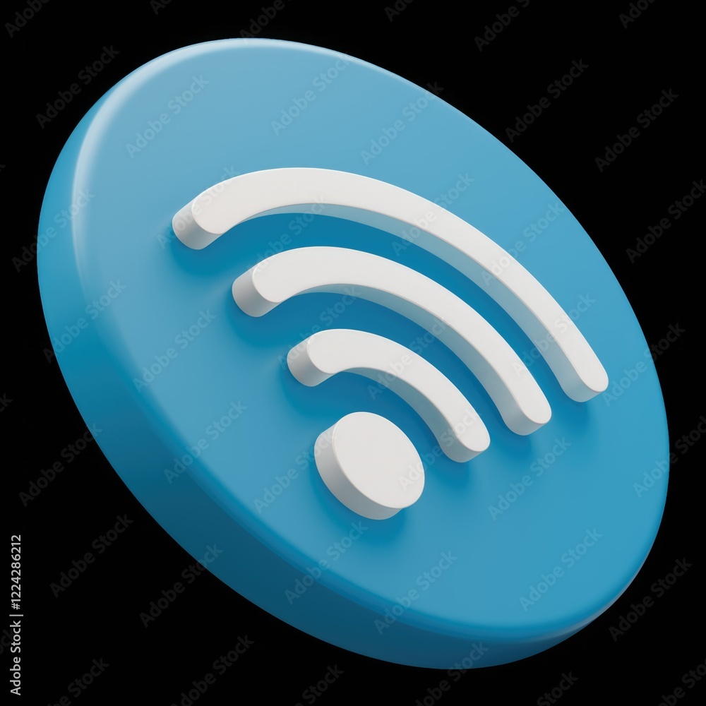 Poster a 3d rendering of a white wifi symbol on a blue circle.